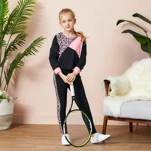 Vista 2 de PATPAT Conjunto de 2 piezas para niñas, camiseta de bloque de color de leopardo, camiseta de cuello redondo, leggings negros, pantalones deportivos