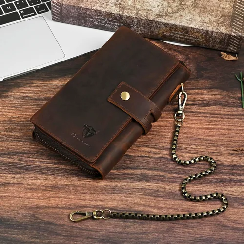 Vista 48 de Genuino Caballo Loco Cuero Regalo de Viaje Moneda Bolsillo Tarjetero Organizador Largo Cadena Rfid Cartera Monedero Con Broche Para Hombres Hombres