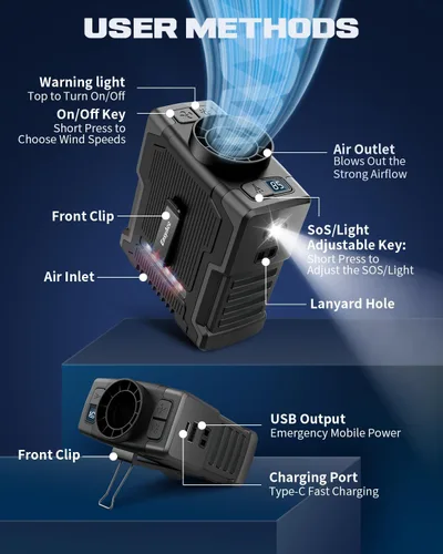Vista 5 de EasyAcc - Ventilador de cintura portátil, ventilador personal portátil 5 en 1 con LED y ventilador de cuello de 10000 mAh y ventilador