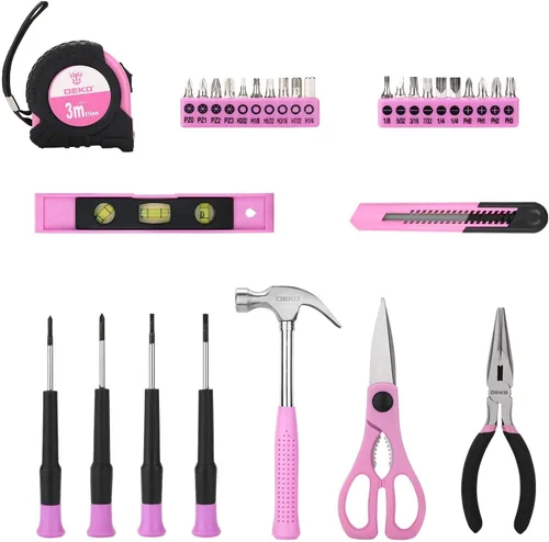 Vista 3 de DEKOPRO Juego de herramientas: kit de herramientas manuales para el hogar general de 98 piezas rosa con caja de almacenamiento de plástico