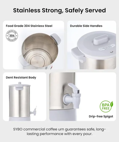 Vista 3 de SYBO Urna de café de 45 tazas, cafetera de percolado de acero inoxidable de grado comercial, filtro extraíble, fácil de limpiar, urna de agua