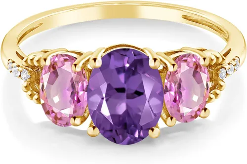 Vista 2 de Gem Stone King Anillo de oro amarillo de 10 quilates con amatista púrpura y zafiro rosa para mujer