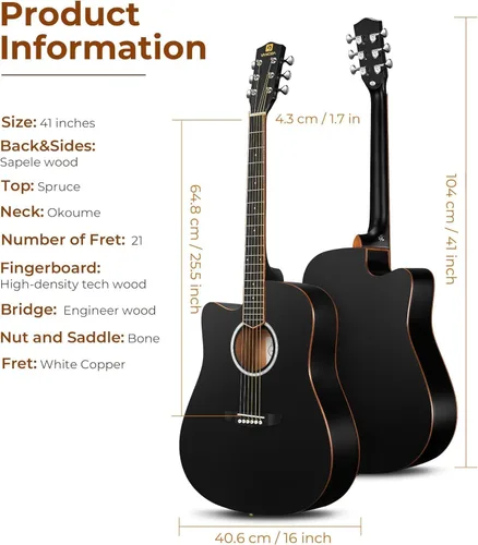 Vista 7 de Vangoa Guitarra para Zurdos, Kit de Guitarra Acústica para Zurdos de Tamaño Completo con Cutaway para Adultos Principiantes de 41 Pulgadas, Juego