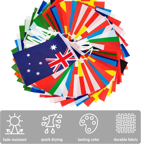 Vista 4 de Bandera de cuerda de 100 países, bandera internacional de 82 pies, decoración de bandera mundial para fiesta de la Copa del Mundo, escuela, eventos