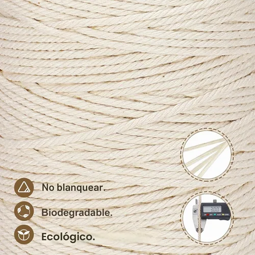 Vista 3 de Cordón de macramé 3mm x 300m Cuerda de macramé 100% algodón natural Cordón de algodón trenzado de 4 hebras para manualidades DIY, adornos