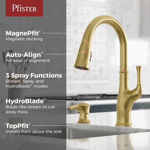 Vista 2 de Pfister Alderwood - Grifo de cocina con rociador extraíble y dispensador de jabón, de una sola manija, certificado NSF, acabado en oro cepillado