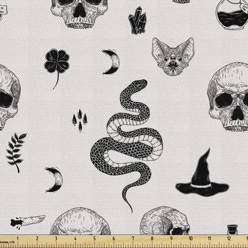 Vista 22 de Ambesonne The Yard, tela de calavera colorida con temática de Halloween, diseño de calavera y huesos cruzados, divertido estampado de dibujos