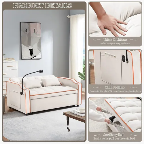 Vista 3 de JEEOEHY - Sofá cama convertible 3 en 1, sofá cama extraíble de terciopelo con puerto USB y tipo C, cómodo futón loveseat con respaldo ajustable