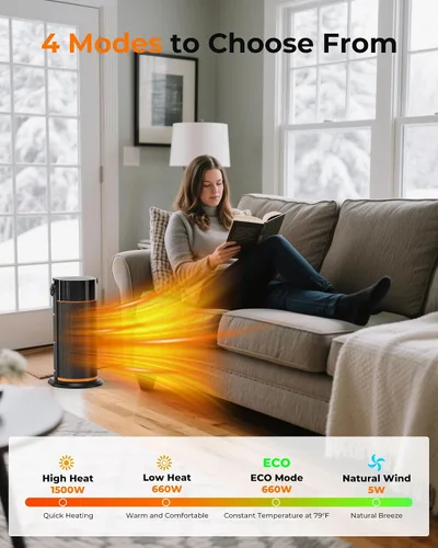 Vista 3 de Calentador eléctrico portátil – Calentadores de calor de cerámica PTC de 1500 W de seguridad rápida con control remoto, temporizador, oscilación