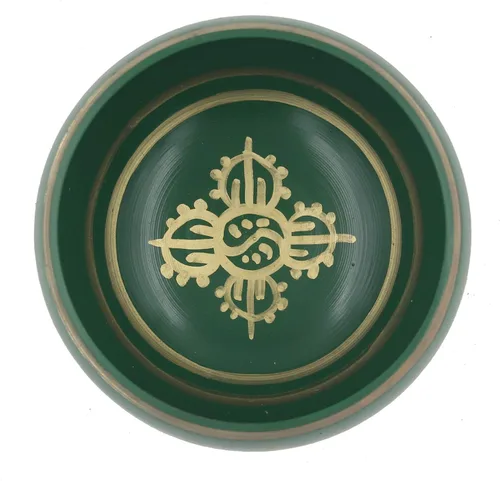 Vista 4 de DharmaObjects Juego completo de cuenco tibetano de meditación Om Mani Padme Hum (XL, verde)