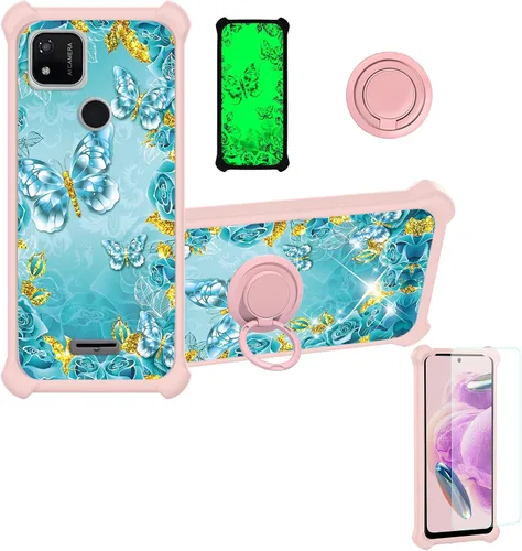 Vista 41 de jioeuinly Funda compatible con Oukitel P1 Pro con protector de pantalla de vidrio templado, policarbonato duro + silicona suave, soporte de anillo