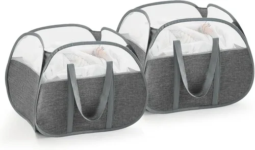 Vista 8 de TECHMILLY Cesta plegable de malla con asas fuertes, cesta de ropa de gran apertura con bolsillos laterales, cestas de almacenamiento para Blanco