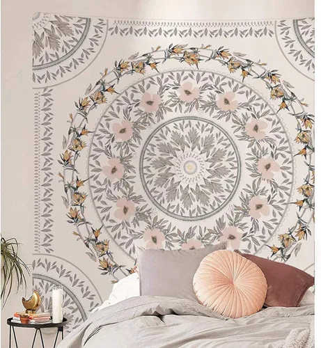 Vista 3 de Simpkeely Tapiz de medallón floral esbozado, tapiz colgante de pared con mandala bohemio, mural de impresión de arte indio para dormitorio, sala