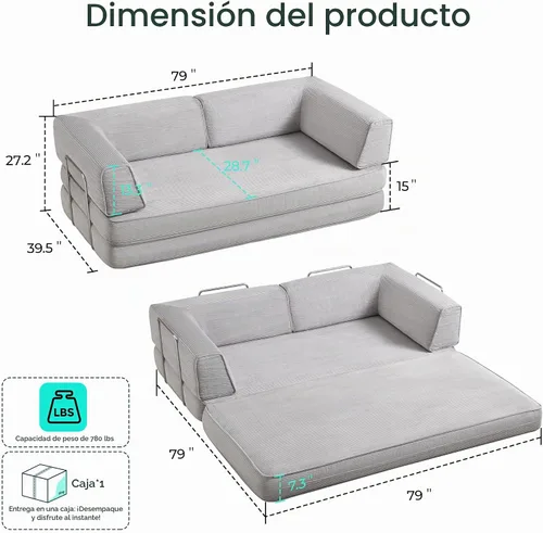 Vista 2 de LINSY HOME Sofá cama convertible de 79 pulgadas, sofá cama plegable de compresión, sofá cama plegable de pana para sala de estar y dormitorio, sofá