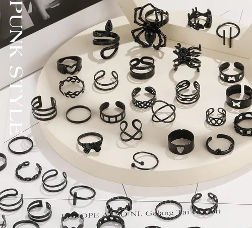 Vista 7 de Anillos negros para hombres y mujeres y niñas juego de anillos góticos punk paquete de anillos ajustables góticos anillos de animales apilables