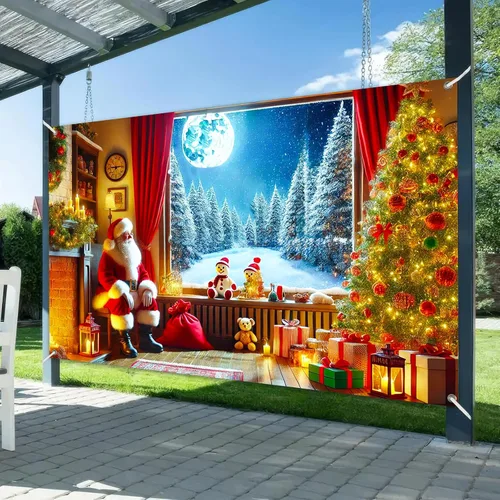Vista 2 de BlissYard Pancarta Navideña para Ventana 71x43 Pulgadas Telón de Fondo de Noche Nevada con Chimenea de Santa, Árbol, Regalos, Farol, Cortina Roja