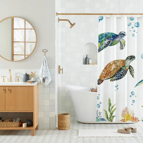 Vista 2 de Cortina de ducha de tortuga marina para baño, cortina decorativa costera de baño, 72 x 72 pulgadas, tela de poliéster, cortinas de baño impermeables