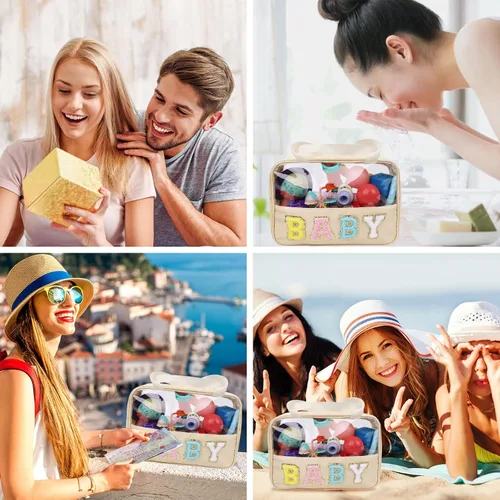 Vista 6 de Iqimott Bolsa de bebé con parche de letras de chenilla, bolsa de cosméticos transparente para maquillaje, bolsa grande de almacenamiento