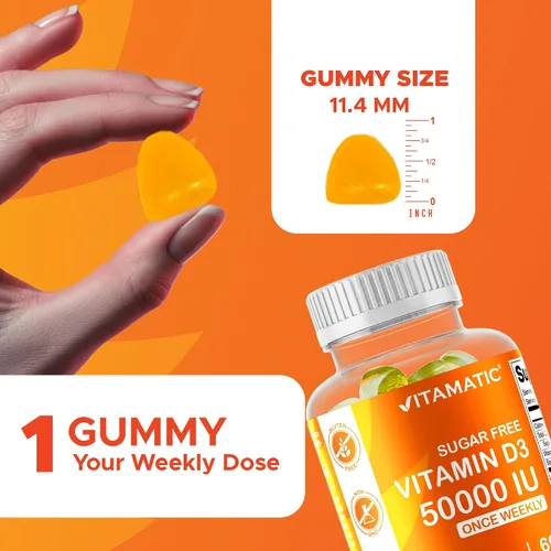 Vista 3 de Vitamatic Suplemento semanal de vitamina D3 sin azúcar de 50,000 UI - 60 gomitas a base de pectina Vitamina D de alta potencia para huesos, dientes