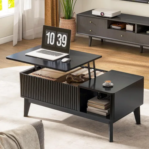 Vista 3 de LYNCOHOME Mesa de centro acanalada con compartimento oculto, mesas de centro elevables de madera, mesa central moderna para sala de estar, oficina