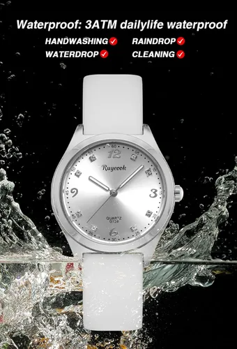 Vista 4 de Reloj de moda impermeable para mujer, esfera acentuada con cristal, correa de silicona, reloj de pulsera deportivo de cuarzo analógico, regalo
