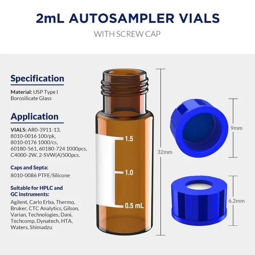Vista 2 de Viales de muestreo automático de 0.1 fl oz, viales de muestra HPLC/GC, con área de escritura y graduaciones, tapón de rosca 9-425, PTFE azul