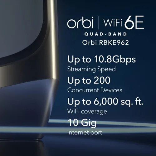 Vista 2 de NETGEAR Orbi Quad-Band WiFi 6E Mesh System (RBKE962), enrutador + 1 extensor de satélite, características de seguridad, velocidad de hasta 10.8