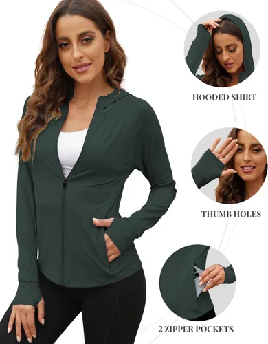 Vista 4 de We1Fit Chaqueta de protección solar UPF 50+ para mujer, sudadera con capucha para senderismo, correr, atlética