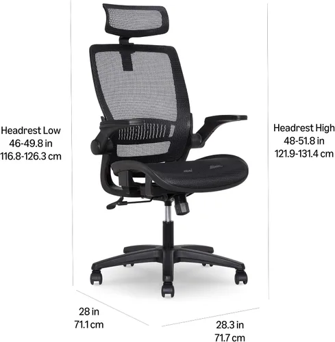 Vista 3 de Amazon Basics Silla ergonómica de escritorio con respaldo alto, cómodos reposabrazos abatibles, asiento de malla contorneada, giratorio, negro, 25.5