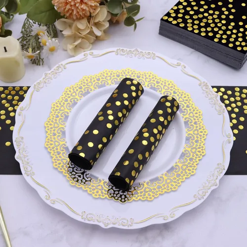 Vista 4 de 100 servilletas de cóctel desechables negras – Servilletas de papel negro y dorado para cumpleaños, boda, aniversario, Año Nuevo, fiesta
