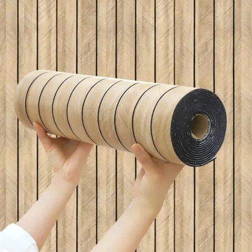 Vista 19 de Chejiaye Panel de pared 3D de listones de grano de madera, 15.75 x 118 pulgadas, adhesivo de pared autoadhesivo insonorizado, resistente a