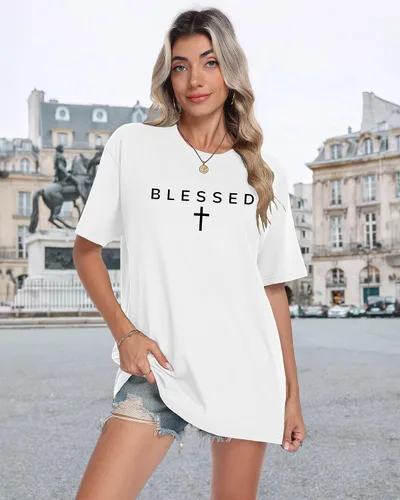 Vista 6 de KUYIGO Camiseta con estampado de cruz bendecida para hombre Blanco