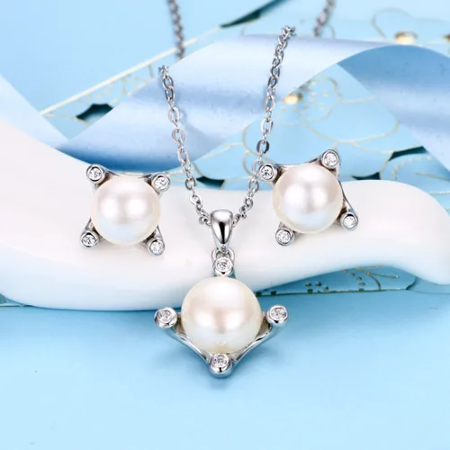 Vista 2 de EleQueen 925 Sterling Silver CZ AAA Button Cream Freshwater Cultured Pearl Bridal Pendant Necklace Earrings Jewelry Set for Women Wedding