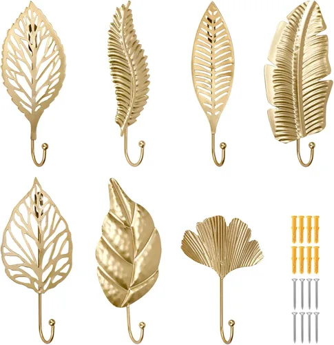 Vista 9 de 10 ganchos decorativos de pared con hojas doradas, ganchos para colgar abrigos, toallas, sombreros, perchas de metal para montaje en pared