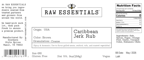 Vista 2 de Raw Essentials Caribbean Jerk Rub, botella de 9 onzas