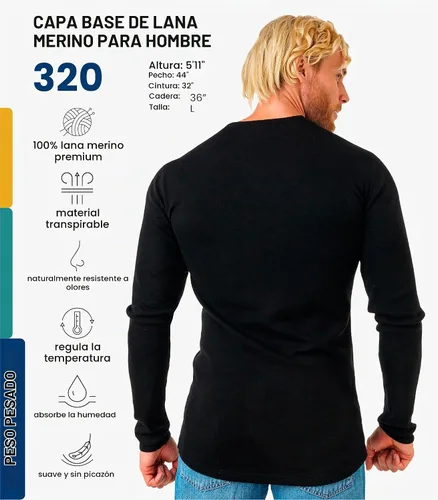Vista 2 de 100% Merino Wool Base Layer Mens - Long Sleeve Thermal Shirts with Socks .320 negro