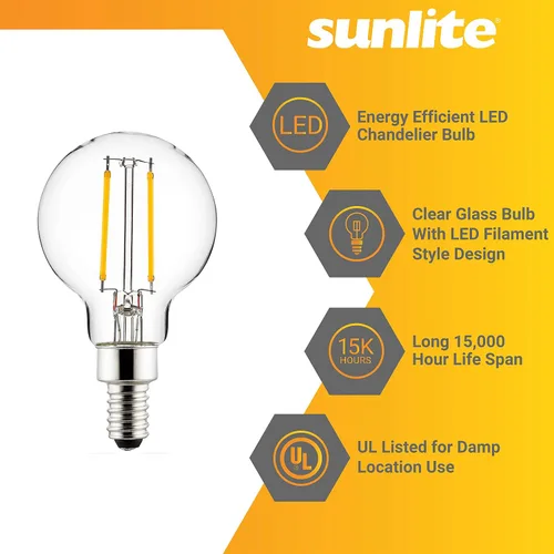 Vista 3 de Sunlite 40959 - Bombilla LED G16.5 estilo filamento, 2.5 vatios (equivalente a 25 W), 250 lúmenes, regulable, base de candelabro (E12)