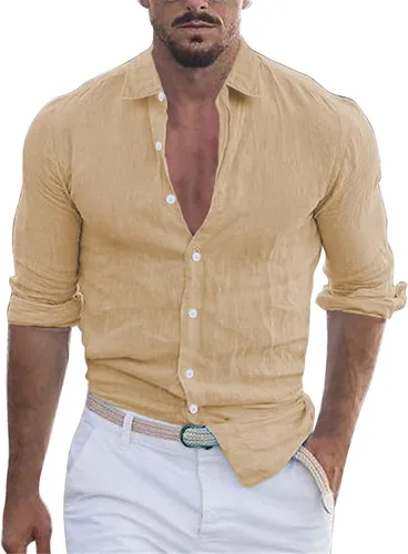 Vista 12 de Camisa de algodón y lino con botones para hombre, cuello de solapa de manga larga, estilo hippie casual para ropa de playa