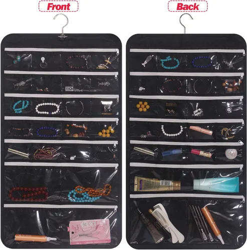 Vista 9 de DIOMMELL Organizador de joyería colgante con 47 bolsillos con cremallera para aretes, collar, pulsera, anillo, bolsa de almacenamiento