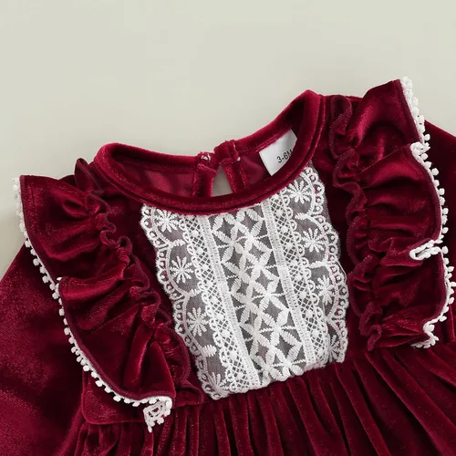 Vista 4 de Trajes de Navidad para niñas pequeñas, vestido de manga larga, falda vintage de encaje de una pieza, vestido de fiesta de terciopelo rojo, vestido