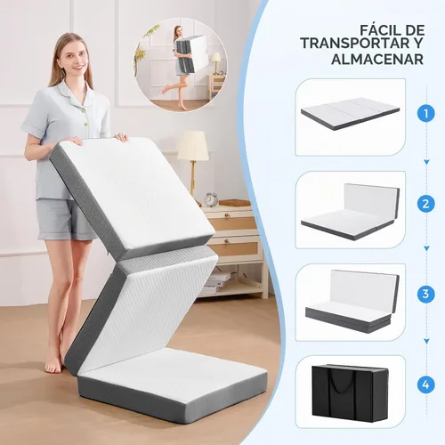 Vista 5 de MASVIS Colchón Tríptico, Colchón Plegable de Espuma Viscoelástica de 3 Pulgadas con Funda Lavable, Cama de Piso Tri-Plegable para Acampar, Twin