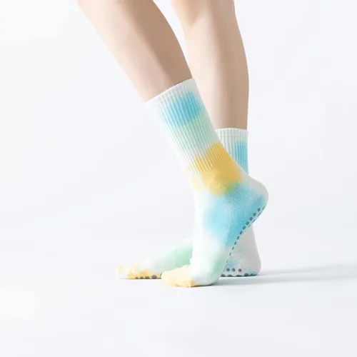 Vista 7 de Calcetines de yoga y pilates con empuñaduras para mujer, antideslizantes, coloridos, teñido anudado, acolchados, calcetines para bailar en barra
