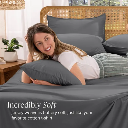 Vista 4 de Bare Home - Juego de sábanas de jersey 100% algodón orgánico, ultra suave, 100% algodón - Juego de sábanas y funda de almohada - Sábanas de bolsillo