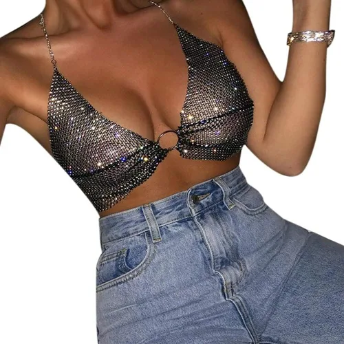 Vista 2 de Camiseta corta sin espalda con diamantes de imitación brillantes para mujer, sexy, halter, transparente, para salir por la noche, fiesta, club