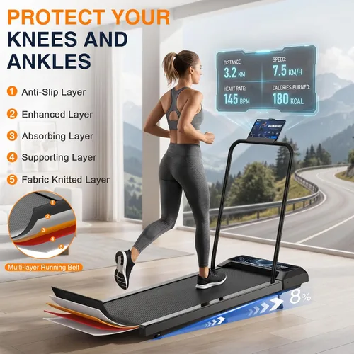 Vista 6 de Walking Treadmill Pad with 0–8% Incline, 2.5HP ，4-in-1 Treadmill with Handle，Perfect for Running, Walking & Under-Desk Use，Quiet Operation for Home