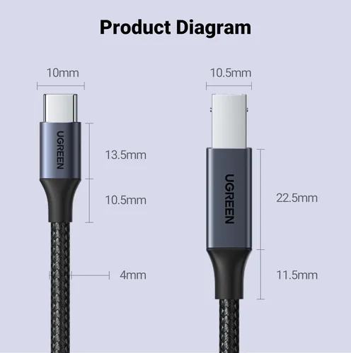 Vista 9 de UGREEN Cable de impresora USB C de 3 pies, cable USB B a C de nailon para MacBook Pro/Air, cable MIDI compatible con teclado MIDI, DAC, controlador