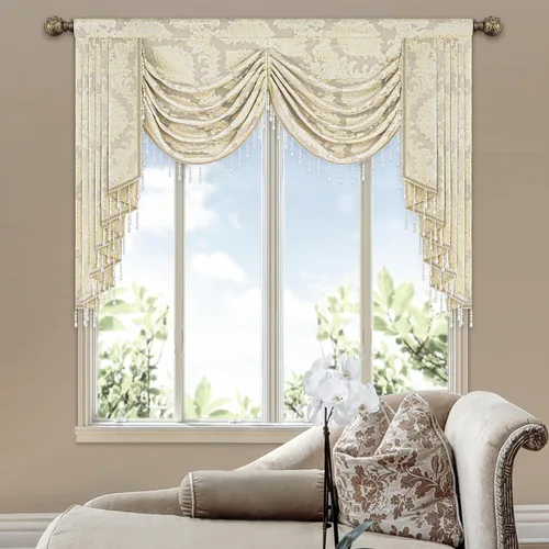 Vista 15 de Loom and Mill Cenefa de cascada de lujo de jacquard para sala de estar, elegantes cenefas de ventana con festones y cuentas damascadas, cortinas