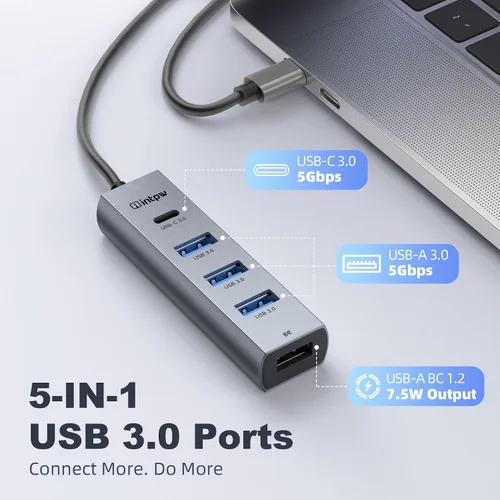 Vista 2 de Concentrador USB C de 5 puertos, adaptador intpw USB C a USB con 1 puerto de datos USB-C/3 USB-A 3.0, adaptador de concentrador USB-C multipuerto