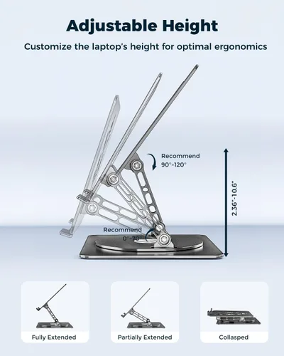 Vista 2 de Soporte ajustable para laptop de escritorio - Elevador portátil para laptop con base giratoria, soporte plegable de aluminio para computadora