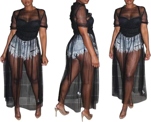 Vista 2 de Ophestin Vestido largo sexy de malla transparente fruncido de manga corta para mujer